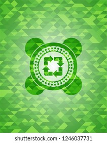 recycle icon inside green emblem. Mosaic background