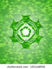 recycle icon inside green emblem with mosaic background