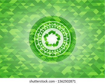 recycle icon inside green emblem with mosaic ecological style background