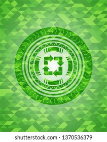 recycle icon inside green emblem with mosaic background