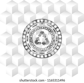 recycle icon inside grey badge with geometric cube white background