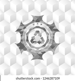 recycle icon inside grey badge with geometric cube white background