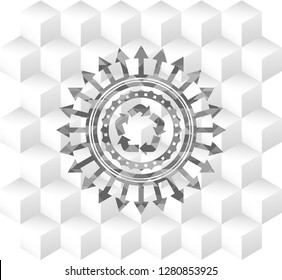 recycle icon inside grey badge with geometric cube white background