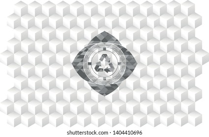 recycle icon inside grey badge with geometric cube white background