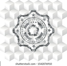 recycle icon inside grey badge with geometric cube white background