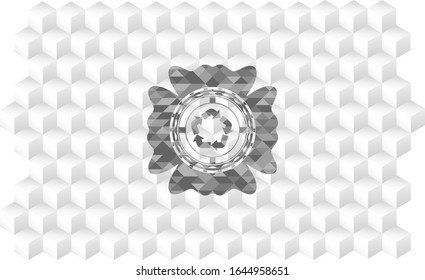 recycle icon inside grey badge with geometric cube white background
