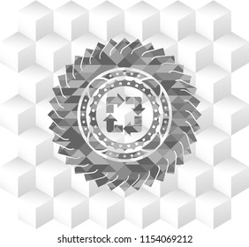 recycle icon inside grey emblem. Vintage with geometric cube white background