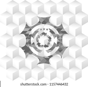 recycle icon inside grey emblem with cube white background
