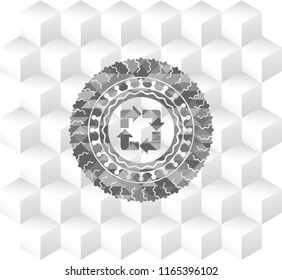 recycle icon inside grey icon or emblem with geometric cube white background