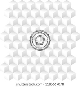 recycle icon inside grey emblem. Retro with geometric cube white background