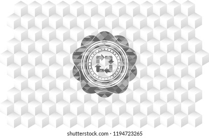 recycle icon inside grey emblem. Vintage with geometric cube white background