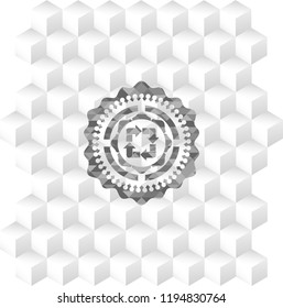 recycle icon inside grey emblem with geometric cube white background