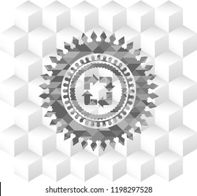 recycle icon inside grey emblem. Retro with geometric cube white background