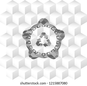 recycle icon inside grey emblem with cube white background