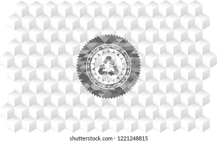 recycle icon inside grey emblem. Retro with geometric cube white background