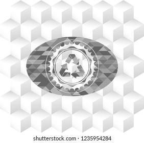 recycle icon inside grey emblem with cube white background
