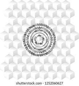recycle icon inside grey emblem with cube white background