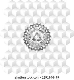 recycle icon inside grey emblem. Retro with geometric cube white background