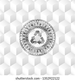 recycle icon inside grey emblem. Vintage with geometric cube white background