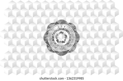 recycle icon inside grey emblem with geometric cube white background