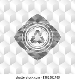recycle icon inside grey emblem. Retro with geometric cube white background