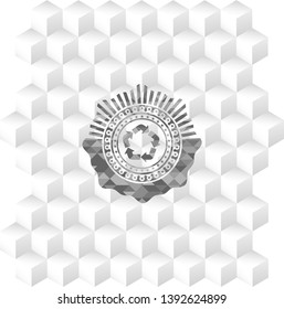 recycle icon inside grey emblem with cube white background