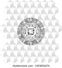 recycle icon inside grey emblem. Retro with geometric cube white background