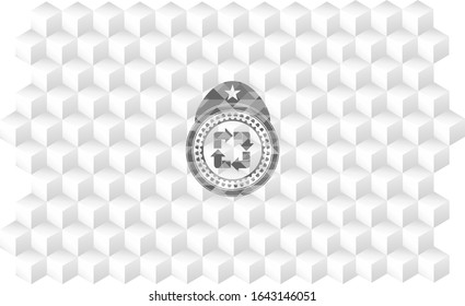 recycle icon inside grey emblem with geometric cube white background