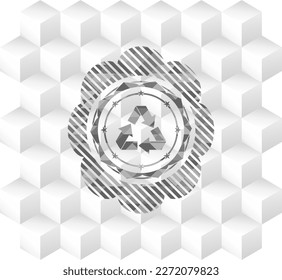 recycle icon inside grey emblem with cube white background. 
