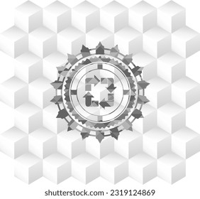 recycle icon inside grey emblem with geometric cube white background. 