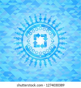recycle icon inside light blue mosaic emblem