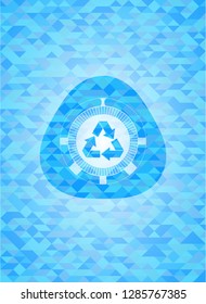 recycle icon inside light blue emblem. Mosaic background