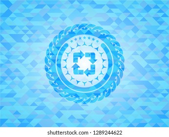 recycle icon inside light blue emblem. Mosaic background
