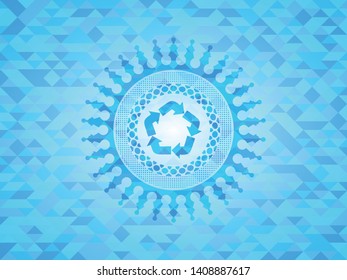 recycle icon inside light blue emblem with triangle mosaic background