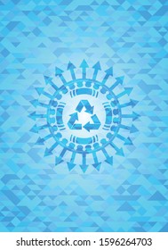 recycle icon inside light blue emblem with mosaic ecological style background