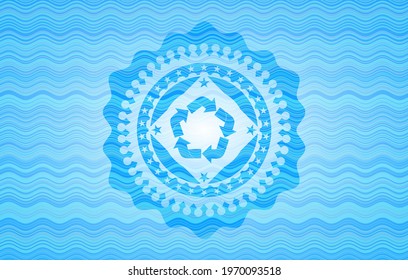 recycle icon inside light blue water badge background. 