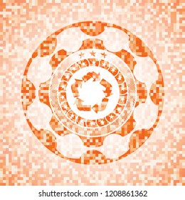 recycle icon inside orange mosaic emblem with background
