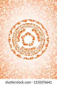 recycle icon inside orange mosaic emblem with background