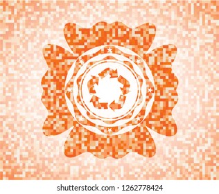 recycle icon inside orange mosaic emblem with background