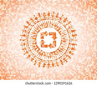 recycle icon inside orange mosaic emblem with background