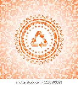 recycle icon inside orange tile background illustration. Square geometric mosaic seamless pattern with emblem inside.