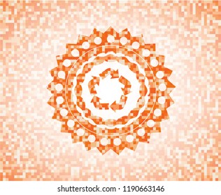 recycle icon inside orange tile background illustration. Square geometric mosaic seamless pattern with emblem inside.
