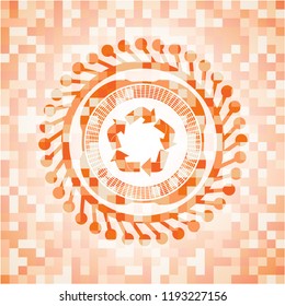 recycle icon inside orange tile background illustration. Square geometric mosaic seamless pattern with emblem inside.