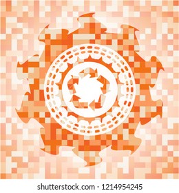 recycle icon inside orange tile background illustration. Square geometric mosaic seamless pattern with emblem inside.