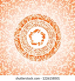 recycle icon inside orange tile background illustration. Square geometric mosaic seamless pattern with emblem inside.