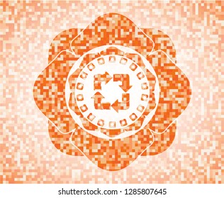 recycle icon inside orange tile background illustration. Square geometric mosaic seamless pattern with emblem inside.