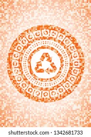 recycle icon inside orange tile background illustration. Square geometric mosaic seamless pattern with emblem inside.