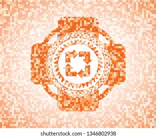 recycle icon inside orange tile background illustration. Square geometric mosaic seamless pattern with emblem inside.