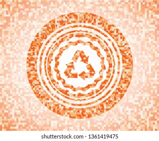 recycle icon inside orange tile background illustration. Square geometric mosaic seamless pattern with emblem inside.