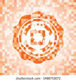 recycle icon inside orange tile background illustration. Square geometric mosaic seamless pattern with emblem inside. 